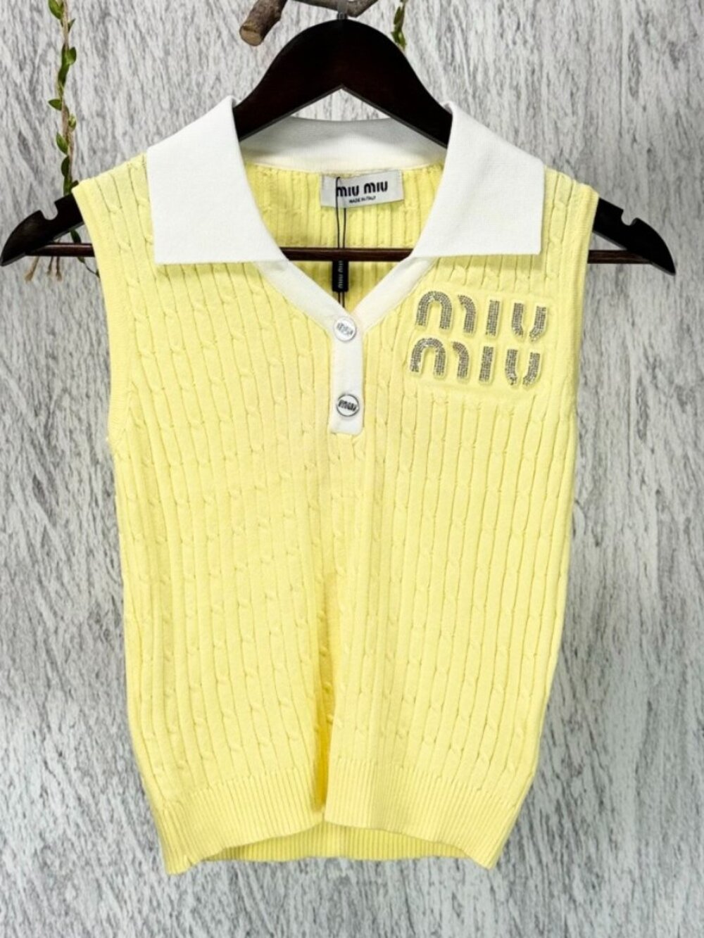 Miu Miu Yellow Cable Knit Sleeveless Polo Vest Rhinestone Logo Top